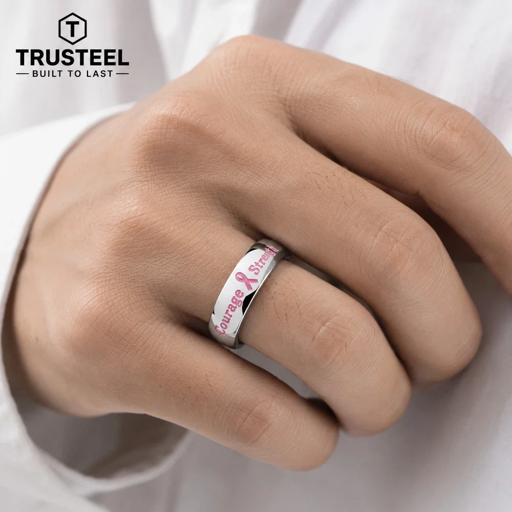 Breast Cancer Awareness Ring Pink Ribbon Stainless Steel Band size 9